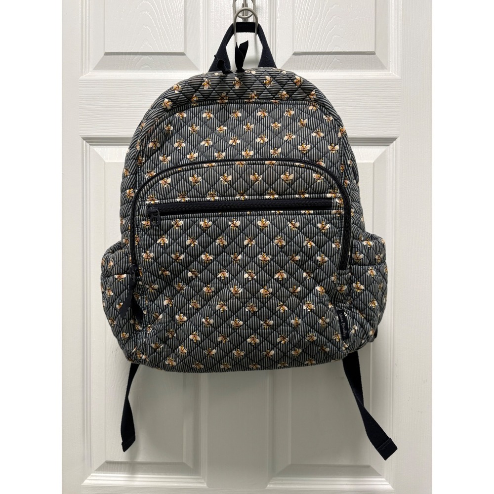Vera Bradley Backpack Women Medium Navy Bee Print Good Quilted Striped Zip Bag